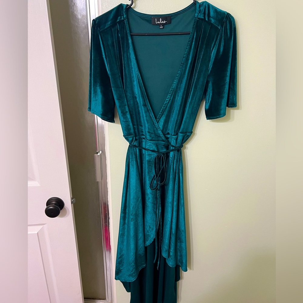 Emerald green, velvet, high-low dress